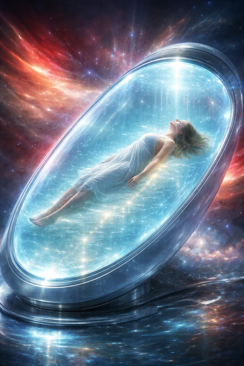 A figure suspended in aurora light above still water